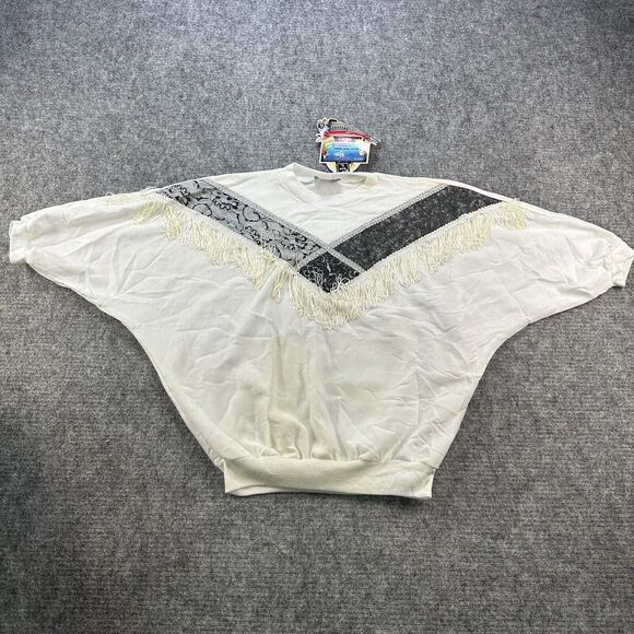 Vintage 90s Sweatshirt White Fringe Lace Half Dolman Made in USA Deadstock - Picture 1 of 13